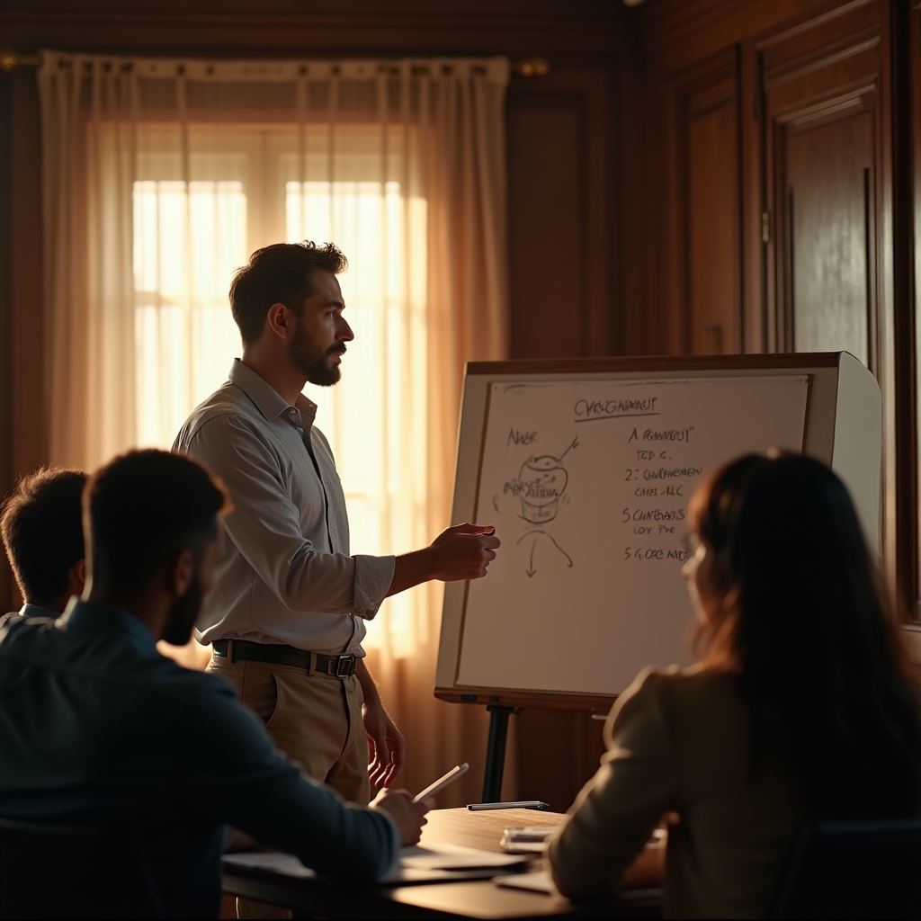 Consultant explicând un exercițiu de gândire analitică unei echipe