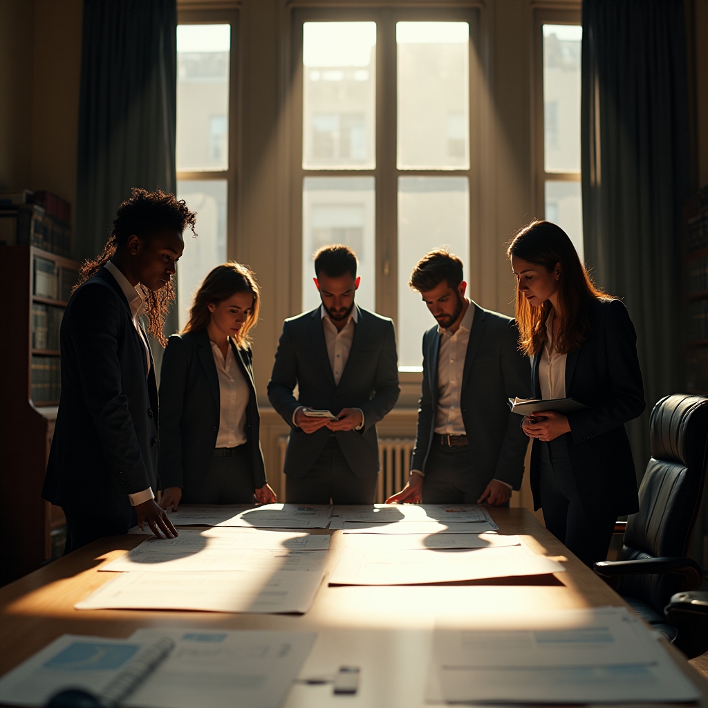 Echipă de consultanți și angajați discutând în fața unui tabel cu date